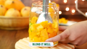 blend the mango cubes in a blender